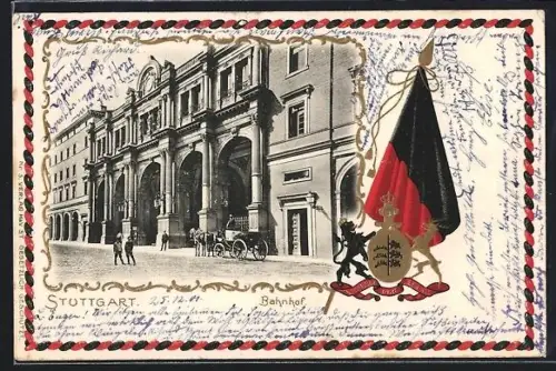 Passepartout-Lithographie Stuttgart, Bahnhof, Wappen mit Flagge