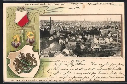 Passepartout-Lithographie Zittau, Stadtpanorama, Wappen und Schwertlilie