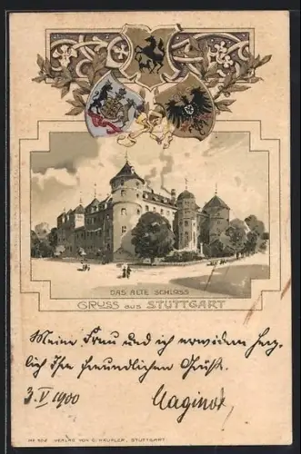 Passepartout-Lithographie Stuttgart, Das alte Schloss, Wappen und Lorbeerzweig