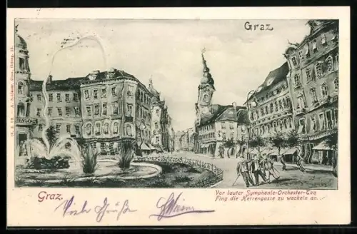 Lithographie Graz, Strasse Herrengasse aus der Sicht eines Betrunkenen