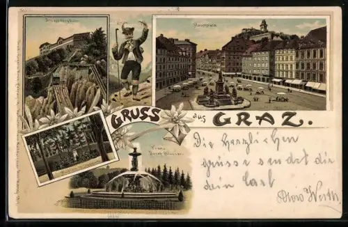 Lithographie Graz, Franz Josef-Brunnen, Hauptplatz, Schlossbergbahn, Wanderer in Tracht