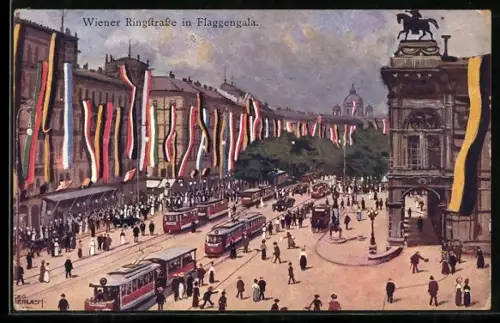 AK Wien, Ringstrasse im Flaggenschmuck, Strassenbahn