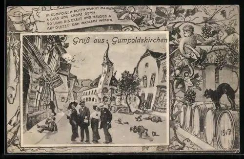 Wirtshaus-AK Gumpoldskirchen, Ortsansicht aus der Sicht eines Betrunkenen, eingerahmt, Schwarze Katze auf Fässern