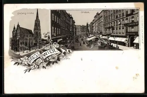 Lithographie Wien, Graben mit Brunnen, Stefanskirche