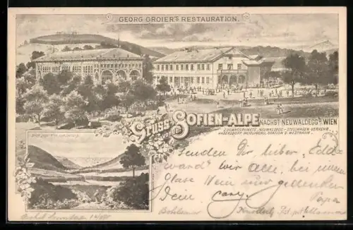 AK Neuwaldegg, Georg Groier's Restaurant, Blick gegen Wien v. Exelberg