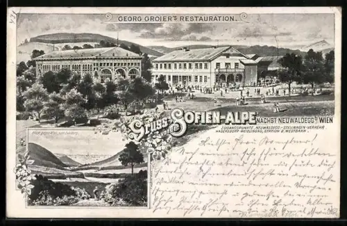 AK Neuwaldegg, Georg Groier's Restaurant, Blick gegen Wien v. Exelberg