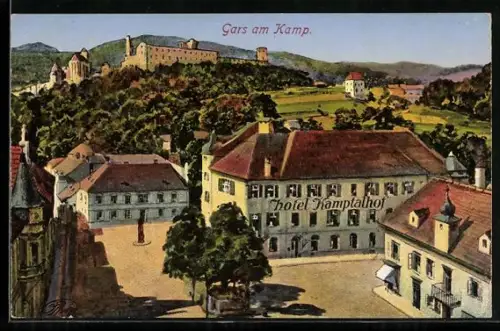 AK Gars am Kamp, Ortspartie mit Hotel Kamptalhof aus der Vogelschau
