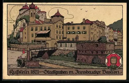 Steindruck-AK Kufstein, Stadtgraben mit Innsbrucker Bastion, 1821
