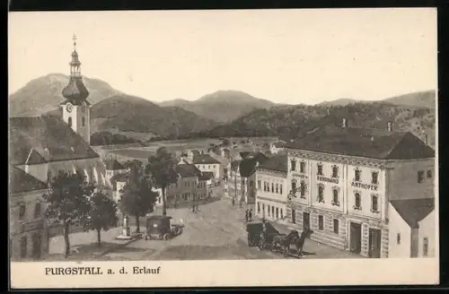 Künstler-AK Purgstall a. d. Erlauf, Gasthof Ferdinand Arthofer mit Kirche