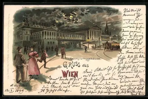 Lithographie Wien I, Menschen am Reichsratsgebäude, eine Strassenbahn
