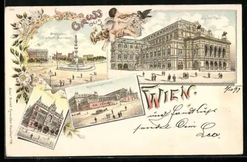Lithographie Wien, Reichsratsgebäude, Stiftungshaus, K. k. Hof-Oper