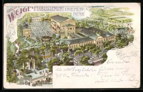 Lithographie Wien XII, Weigl's Etablissement Dreher-Park, Ansicht aus der Vogelschau