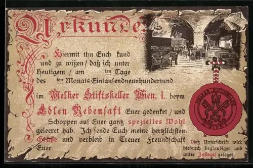 AK Wien, Restaurant Melker Stiftskeller Schottengasse 3, Urkunde