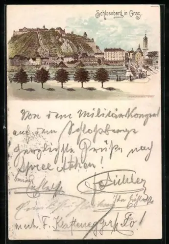 Lithographie Graz, Schlossberg mit Strassenbahn