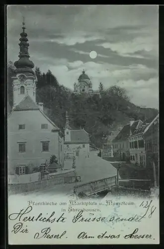 Mondschein-AK Ehrenhausen, Pfarrkirche am Marktplatz und Mausoleum