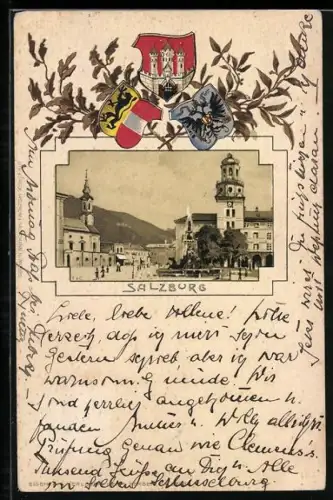 Lithographie Salzburg, Ortsansicht und Wappen