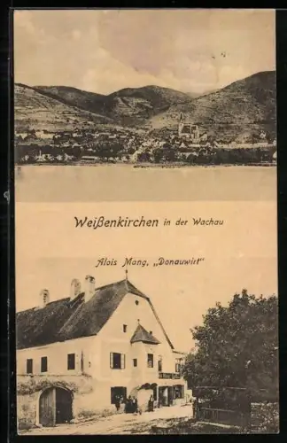 AK Weissenkirchen in der Wachau, Gasthaus Donauwirt Alois Mang, Teilansicht mit Kirche