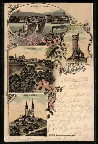 Lithographie Urfahr, Pöstlingberg, Brücke nach Urfahr, Freinberg
