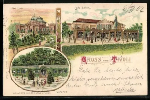 Lithographie Wien, Wallner`s Meierei Tivoli, Cafe Salon, Pavillon, Veranda
