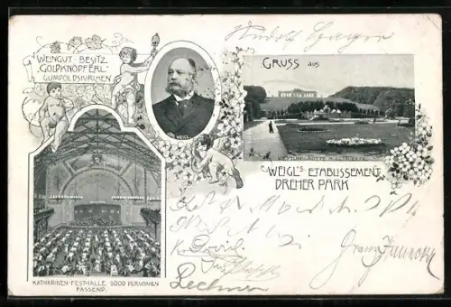 AK Gumpoldskirchen, Gasthaus Weigl im Dreher-Park, Inneres Katharinen-Festhalle, Neptungrotte mit Gloriette