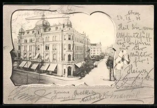AK Graz, Hotel Kaiserhof mit Strassenpartie, Passepartout
