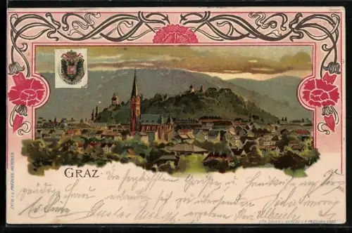 Lithographie Graz, Panorama mit Schlossberg und Kirchturm