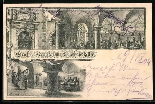 Lithographie Graz, Gasthaus Steierm. Landhauskeller, Innenansichten