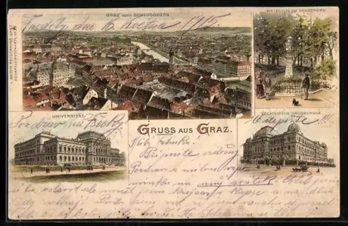 Lithographie Graz, Technische Hochschule, Universität, Waldlilie im Stadtpark