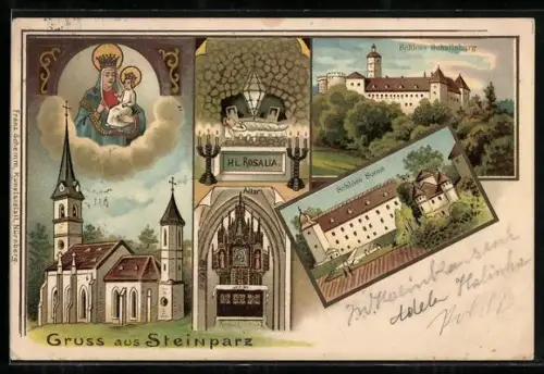 Lithographie Schollach /N.-Oe., Steinparz, Schloss Sooss, Schloss Schallaburg, Hl. Rosalia