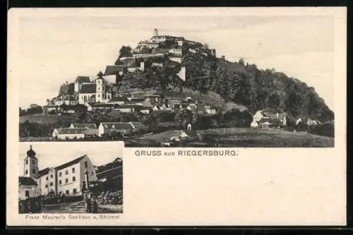 AK Riegersburg, Gasthaus und Bäckerei Franz Maurer, Teilansicht mit Schloss