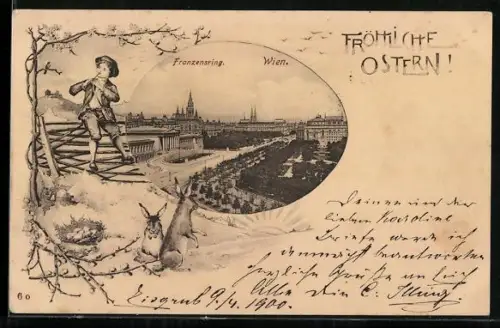 Lithographie Wien, Franzensring mit Kirche, Flötenspieler mit Osterhasen