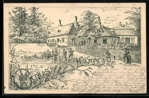 Lithographie Wien, Hameau, Restaurant, Blick zum Herrmannskogel