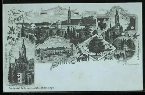 Mondschein-Lithographie Zwettl, Stift Zwettl, Restaurant L. Hutmann, Stiftskirche, Linde