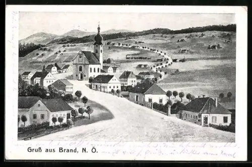 Künstler-AK Brand-Nagelberg, Strassenpartie in Brand mit Kirche