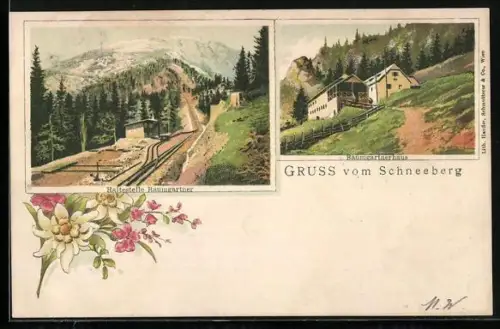 Lithographie Puchberg am Schneeberg, Bergbahn-Haltestelle Baumgartner, Baumgartnerhaus