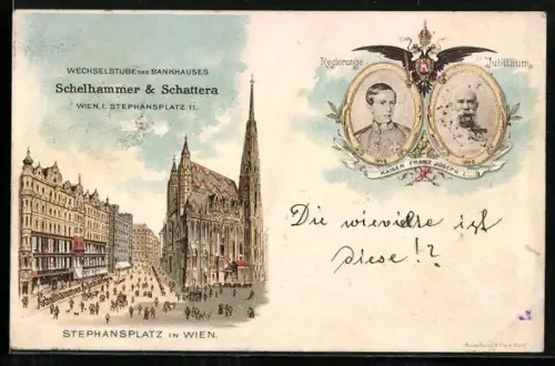 Lithographie Wien, Wechselstube des Bankhaus Schelhammer & Schattera, Stephansplatz 11, Kaiser Franz Josef I. v. Österr.