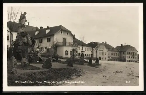 AK Waizenkirchen, Hauptplatz mit Kriegerdenkmal & Winterschule, Sparkasse