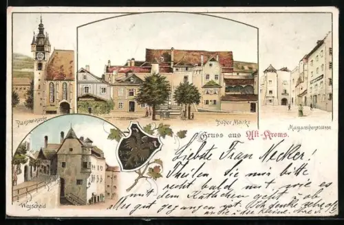 Lithographie Krems /N.-Oe., Margarethenstrasse, Hoher Markt und Piaristenkirche