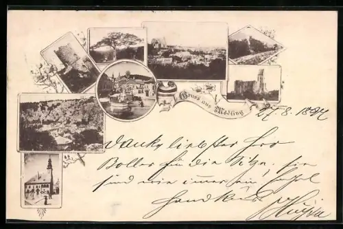 AK Mödling, Ruine, Kirche, Denkmal und Panorama