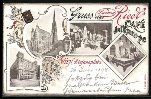 AK Wien, Cafe del Europe, Innenansicht, Stefansplatz, Kirche