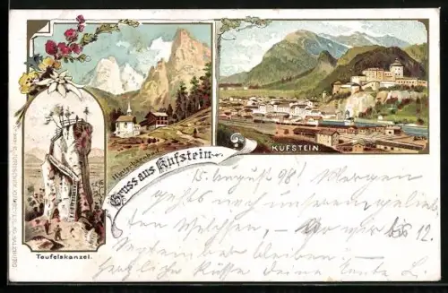 Lithographie Kufstein, Teufelskanzel, Hinterbärenbad, Ortsansicht Kufstein