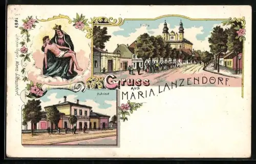 Lithographie Maria Lanzendorf, Bahnhof, Partie mit Kirche, Maria mit Jesus