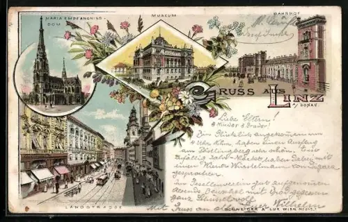 Lithographie Linz, Landstrasse, Bahnhof, Dom, Museum