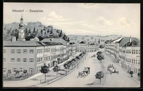 Künstler-AK Uttendorf /O.-Oe., Hauptplatz mit Kutschen und Kirchturm