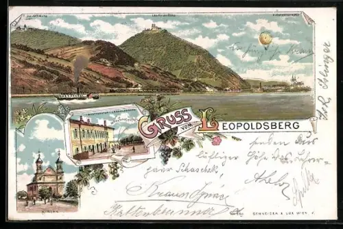 Lithographie Leopoldsberg, Restaurant zum Leopoldsberg, Kirche