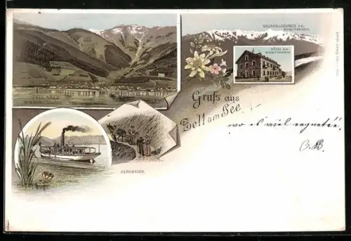 Lithographie Zell am See, Hotel a. d. Schmittenhöhe, Dampfer, Bergwagen