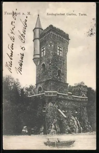 AK Frankfurt a. M., Turm im Zoologischen Garten und Ruderboot
