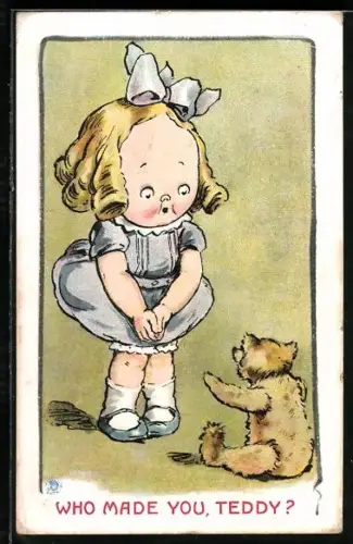 AK Mädchen schaut überrascht zu einem Teddy