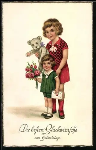 AK Zwei Kinder mit einem Teddy, Blumen und einem Brief