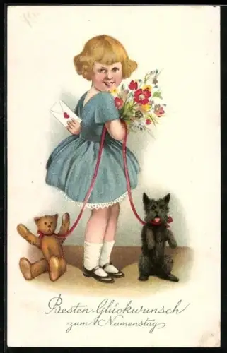 AK Mädchen mit Teddy und Hund an einer Leine, Brief und Blumen